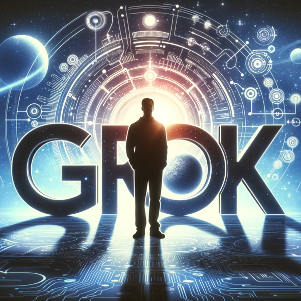 DALL·E 2023-11-14 12.58.47 - A futuristic concept image featuring a silhouette of a person resembling a tech entrepreneur, standing next to the word 'Grok' in bold, futuristic let